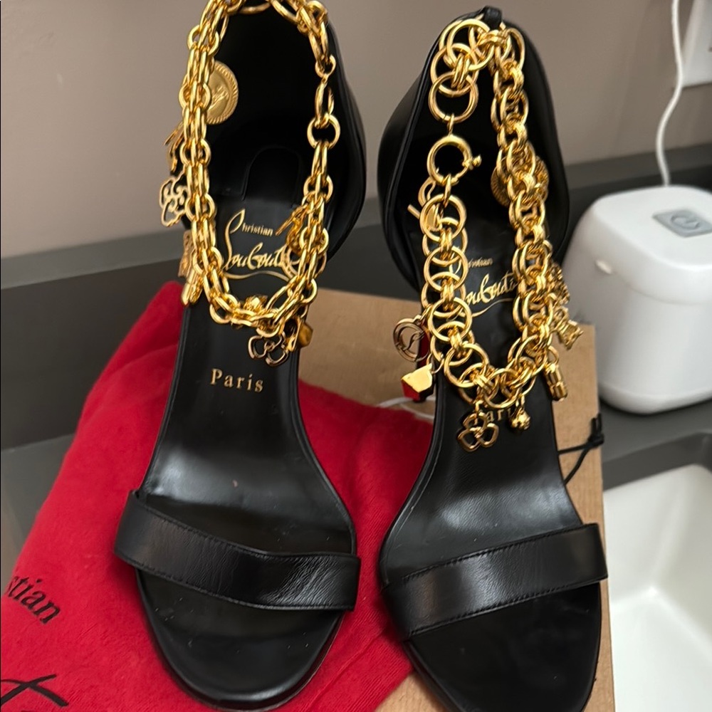 Christian Louboutin Black and Gold Stiletto Heels - Picture 2 of 7